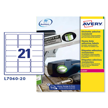 Etichette adesive L7060 - in poliestere - laser - permanenti - 63,5 x 38,1 mm - 21 et/fg - 20 fogli - bianco - Avery