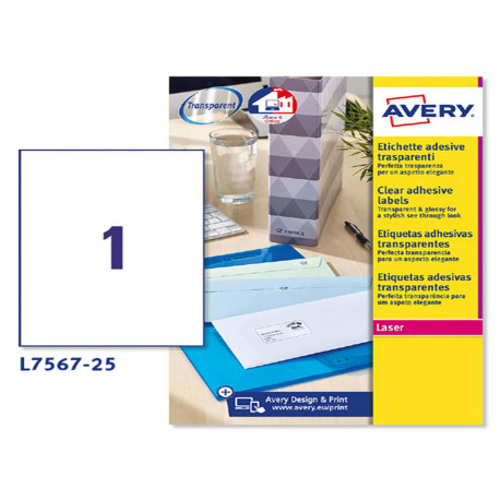 Etichette adesive L7567 - in poliestere - laser - permanenti - 210  x  297 mm - 1 et/fg - 25 fogli - trasparente - Avery