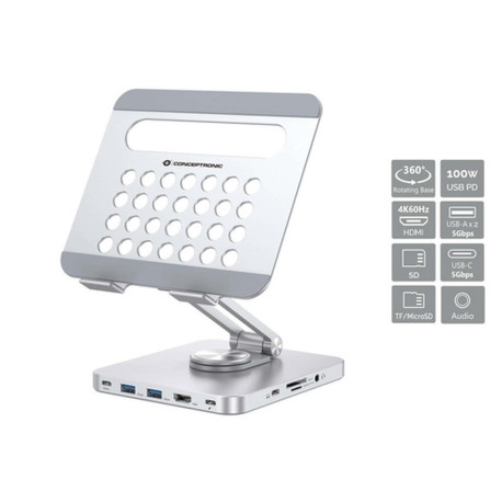 Conceptronic DONN26G, Supporto multimediale, Argento, Alluminio, Tablet, 100 W, MicroSD (TransFlash), SD, SDHC, SDXC