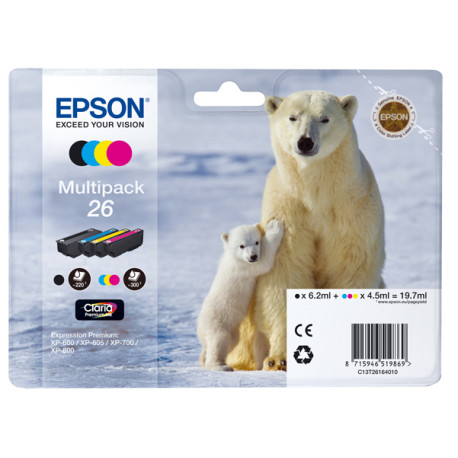Epson - Multipack Cartuccia ink - 26 - C/M/Y/K - C13T26164010 - C/M/Y 4,5ml cad - K 6,2ml