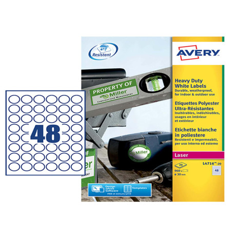 Etichette adesive tonde L4716 - in poliestere - laser - permanenti - diametro 30 mm - 48 et/fg - 20 fogli - bianco - Avery