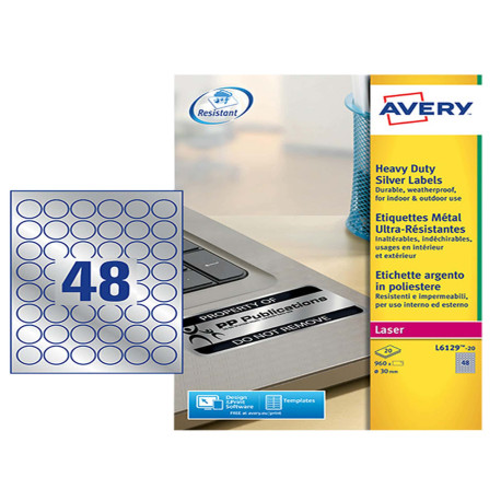Etichette adesive tonde L6129 - in poliestere - laser - permanenti - diametro 30 mm - 48 et/fg - 20 fogli - argento - Avery