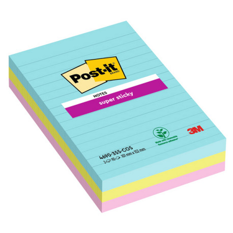Blocco Post it® Super Sticky - 4690-SS3COS - a righe - 101 x 152 mm - colori Cosmic - 90 fogli - Post it® - conf. 3 pezzi