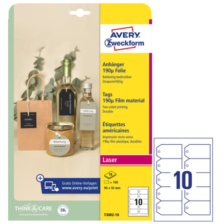 Cartellino stampabile resistente - plastica 190 µ - con angoli tagliati - laser - 90 x 50 mm - 10 cart/fg - 10 fogli - bianco -