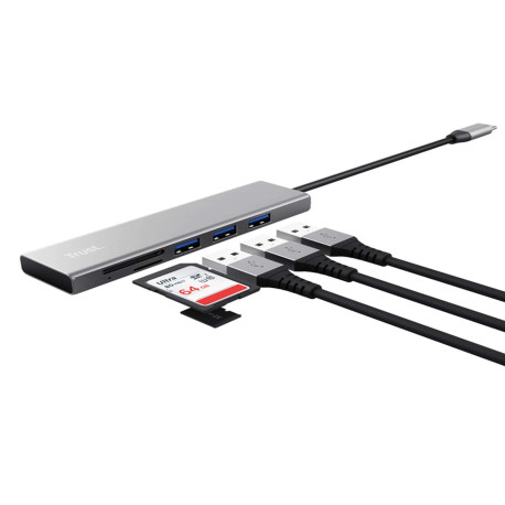 Hub USB-C veloce e lettore di schede - 3 porte - argento - Trust