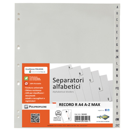 Separatore alfabetico A/Z Record R - PP - 21 x 29,7 cm - A4 - grigio - Sei Rota