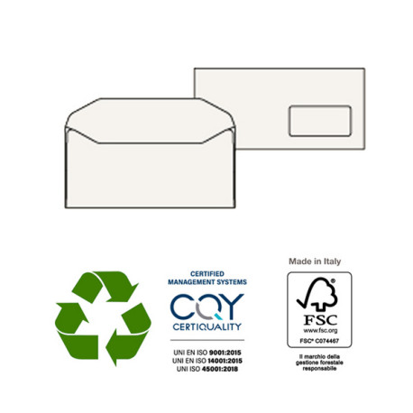 Busta Kami Gommata - con finestra - 11 x 23 cm - 100 gr - carta riciclata FSC® - bianco - Pigna - conf. 500 pezzi