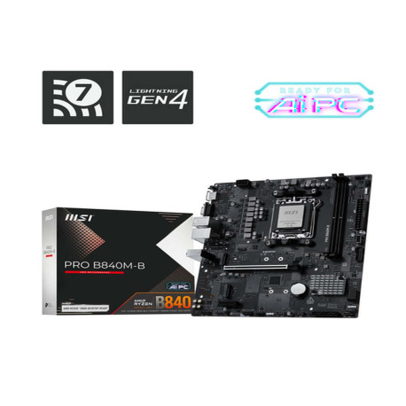 MSI PRO B840M-B, AMD, Socket AM5, AMD Ryzen 7000 Series, AMD Ryzen 8000 Series, AMD Ryzen 9000 Series, Socket AM5, DDR5-SDRAM, 