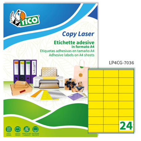Etichette adesive LP4C - permanenti - 70 x 36 mm - 24 et/fg - 70 fogli A4 - giallo opaco - Tico