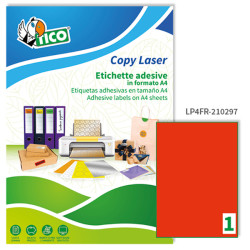 Etichette adesive LP4F - permanenti - 210 x 297 mm - 1 et/fg - 70 fogli A4 - rosso fluo - Tico