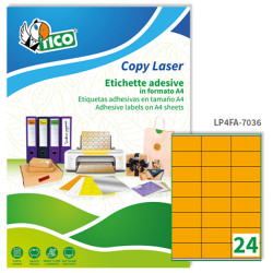Etichette adesive LP4F - permanenti - 70 x 36 mm - 24 et/fg - 70 fogli A4 - arancio fluo - Tico