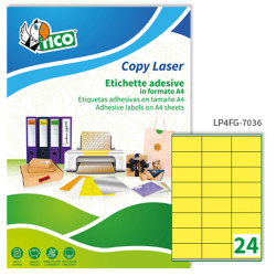 Etichette adesive LP4F - permanenti - 70 x 36 mm - 24 et/fg - 70 fogli A4 - giallo fluo - Tico
