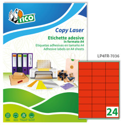 Etichette adesive LP4F - permanenti - 70 x 36 mm - 24 et/fg - 70 fogli A4 - rosso fluo - Tico