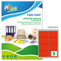 Etichette adesive LP4F - permanenti - 99,1 x 67,7 mm - 8 et/fg - 70 fogli A4 - rosso fluo - Tico