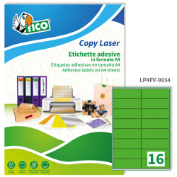 Etichette adesive LP4F - permanenti - angoli arrotondati - 99,1 x 34 mm -16 et/fg - 70 fogli A4 - verde fluo - Tico