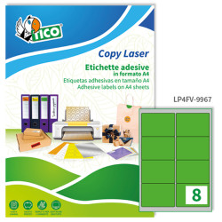 Etichette adesive LP4F - permanenti - angoli arrotondati - 99,1 x 67,7 mm - 8 et/fg - 70 fogli A4 - verde fluo - Tico