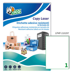 Etichette adesive LP4P - permanenti - per stampanti laser - 210 x 297 mm - 1 et/fg - 70 fogli A4 - poliestere - bianco - Tico