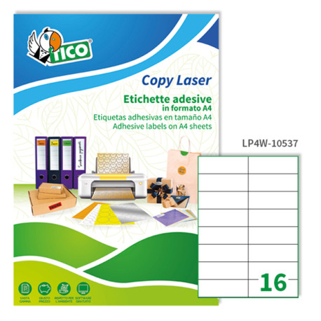 Etichette adesive LP4W - permanenti - 105 x 37 mm - 16 et/fg - 100 fogli A4 - bianco - Tico