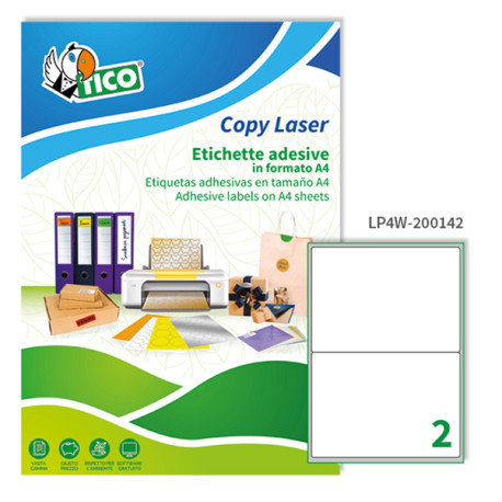 Etichette adesive LP4W - permanenti - 200 x 142 mm - 2 et/fg - 100 fogli A4 - bianco - Tico
