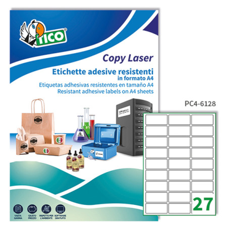 Etichette adesive PC4 - permanenti - per stampanti laser - 61 x 286 mm - 27 et/fg - 100 fogli A4 - poliestere - trasparente - T