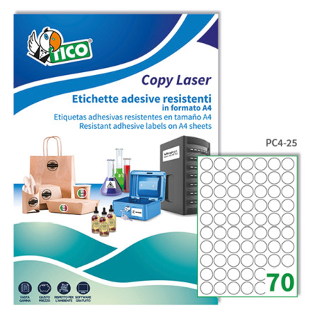 Etichette adesive PC4 - permanenti - per stampanti laser - diametro 25 mm - 70 et/fg - 100 fogli A4 - poliestere - trasparente 