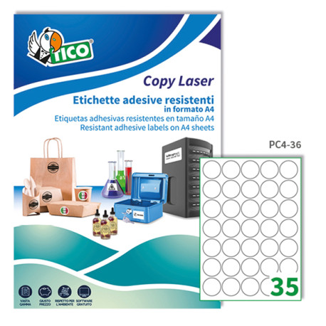 Etichette adesive PC4 - permanenti - per stampanti laser - diametro 36 mm - 35 et/fg - 100 fogli A4 - poliestere - trasparente 