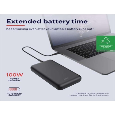 Power bank - LARO POWERBANK PER RICARICA LAPTOP DA 100 W - 50% PLASTICA RICICLATA - NERO