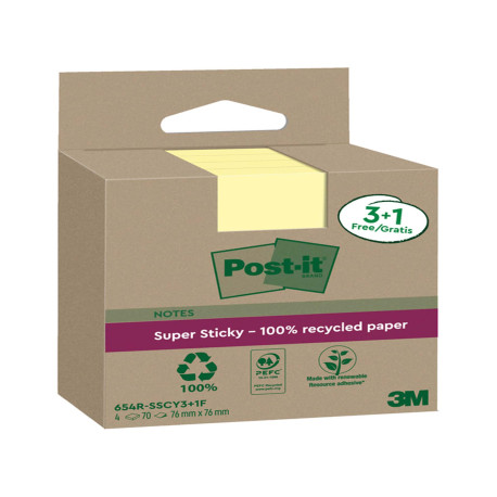 Blocco foglietti Post-it SuperSticky Green - 654R-SSCY3+1 - 76 x 76 mm - carta riciclata - giallo Canary - 70 fogli - Post-it -