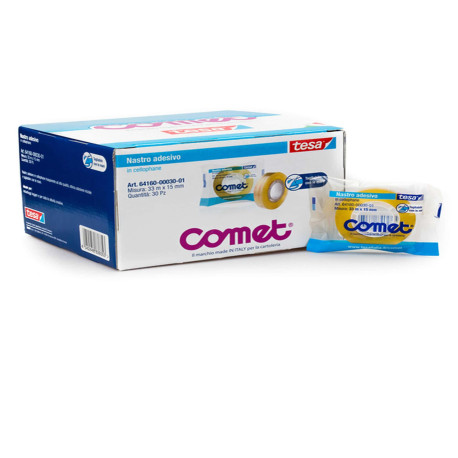 Nastro adesivo - confezionato singolarmente - 15 mm x 33 m - cellophane - trasparente - Comet