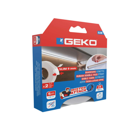 Nastro biadesivo SLIM Mister Attach - 9 mm x 5 m - PE/acrilico - bianco - Geko - conf. 2 pezzi