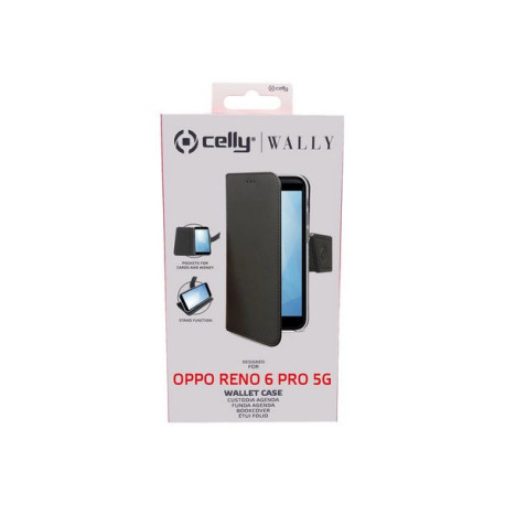 Celly Wally - Flip cover per cellulare - similpelle - nero - per OPPO Reno6 Pro 5G