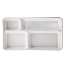 Vassoio biodegradabile - 4 scomparti - 37 x 27 x 3,6 cm - canna da zucchero - bianco - Signor Bio - conf. 40 pezzi