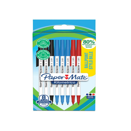 Penna sfera - cappuccio - Kilometrico Recycled - punta 1,0 mm - colori assortiti - Papermate - conf. 8 pezzi