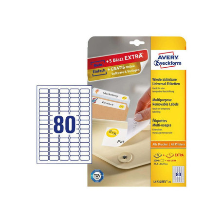 Avery - Adesivo rimovibile - bianco - 35.6 x 16.9 mm 2000 etichette (25 foglio(i) x 80) etichette
