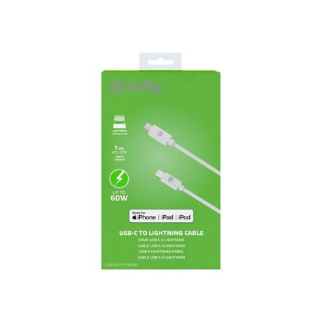 Celly - Cavo Lightning - USB-C maschio a Lightning maschio - 1 m - bianco - Supporto per l'erogazione di energia elettrica - pe