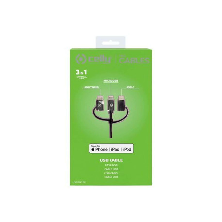 Celly - Cavo USB - USB (M) a Micro-USB Tipo B, Lightning, USB-C (M) - 2.4 A - 1 m - nero