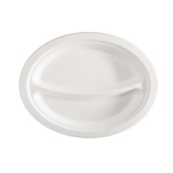 Piatto piano a 2 scomparti monouso - rotondo - diametro 23 cm - canna da zucchero - bianco - Signor Bio - conf. 50 pezzi