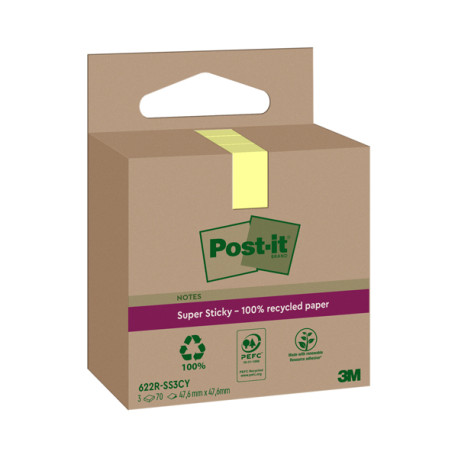 Blocco foglietti Post-it SuperSticky Green - 622R-SS3CY - 47,6 x 47,6 mm - carta riciclata - giallo Canary - 70 fogli - Post-it