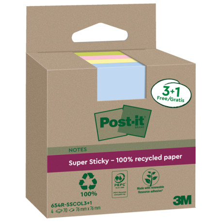 Blocco foglietti Post-it SuperSticky Green - 654R-SSCOL3+1 - 76 x 76 mm -  carta riciclata - colori pastello assortiti - 70 fog