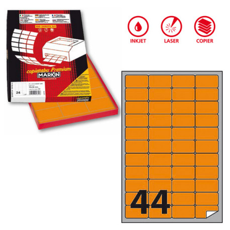 Etichette adesive A/406 - in carta - permanenti - 47,5 x 25,5 mm - 44 et/fg - 100 fogli - arancio fluo - angoli tondi - Markin