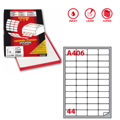 Etichette adesive A/406 - in carta - permanenti - 47,5 x 25,5 mm - 44 et/fg - 100 fogli - bianco - angoli tondi - Markin