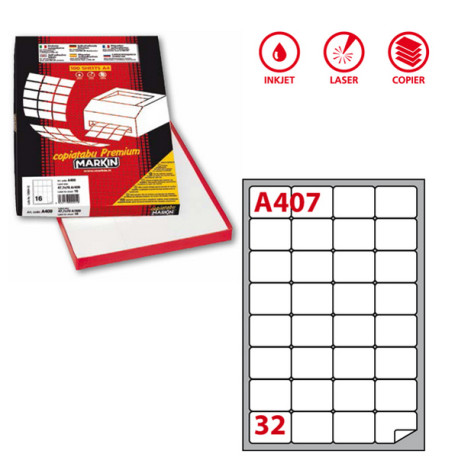 Etichette adesive A/407 - in carta - permanenti - 47,5 x 35 mm - 32 et/fg - 100 fogli - bianco - angoli tondi - Markin