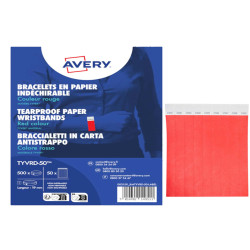 Braccialetti identificativi - in Tyvek - rosso fluo - 265 x 19 mm - 50 fogli - 10 et/fg - Avery - Conf. 500 pezzi