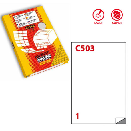 Etichette adesive C/503 - in poliestere - permanenti - 210 x 297 mm - 1 et/fg - 50 fogli - trasparente lucido - x laser - Marki