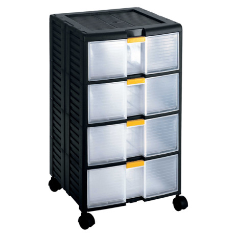 Cassettiera portautensili modulare Store-Age - 4 cassetti - con maniglia e ruote - 39,1 x 39 x 62,9 cm - PPL - trasparente/nero