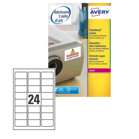 Etichette adesive extra strong L6141 - in poliestere - laser - permanenti - 63,5 x 33,9 mm - 24 et/fg - 20 fogli - bianco - Ave