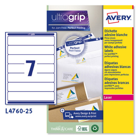Etichette adesive L4760 - in carta - angoli arrotondati - permanenti - 192 x 38 mm - 7 et/fg - 25 fogli - bianco coprente - Ave