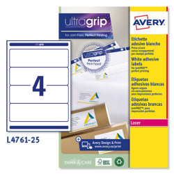 Etichette adesive L4761 - in carta - angoli arrotondati - permanenti - 192 x 61 mm - 4 et/fg - 25 fogli - bianco coprente - Ave