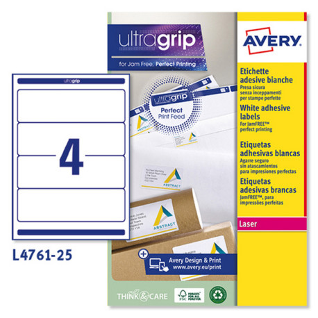 Etichette adesive L4761 - in carta - angoli arrotondati - permanenti - 192 x 61 mm - 4 et/fg - 25 fogli - bianco coprente - Ave