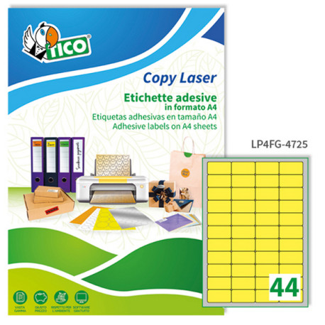 Etichette adesive LP4F - in carta - angoli arrotondati - permanenti - 47,5 x 25,5 mm - 44 et/fg - 70 fogli - giallo fluo - Tico